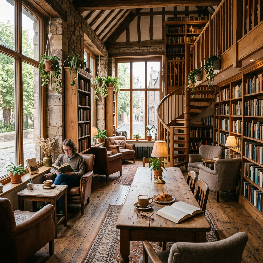 Library room with wooden shelves filled with books, a spiral staircase, indoor plants, and a person reading by the window