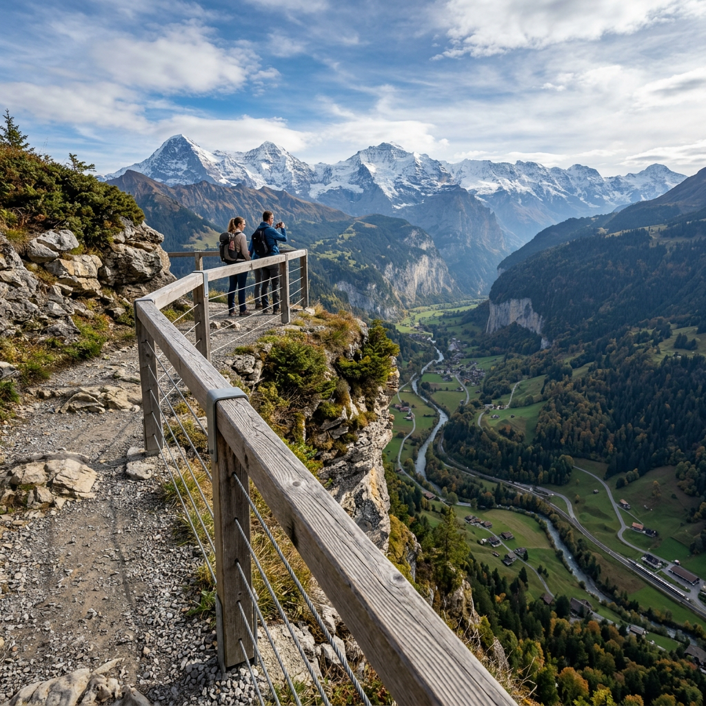 Two hikers standing at a wooden railing overlooking a green valley and snowy mountains