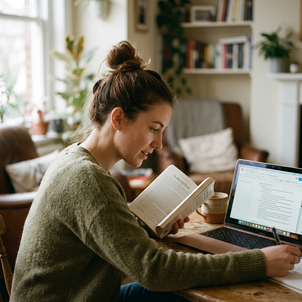 Woman reading a book and taking notes while using a laptop at a wooden table