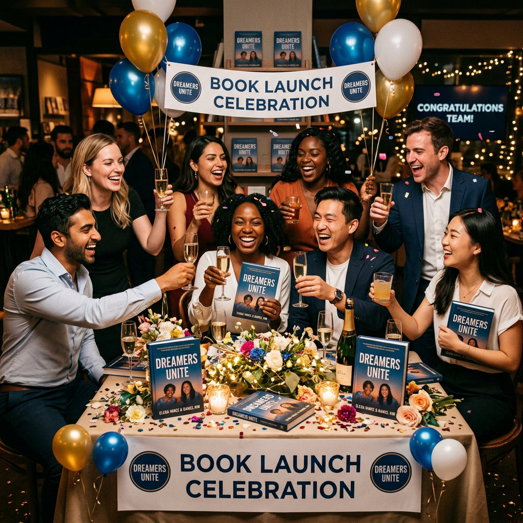Group of diverse people holding 'Dreamers Unite' books and toasting at a book launch party