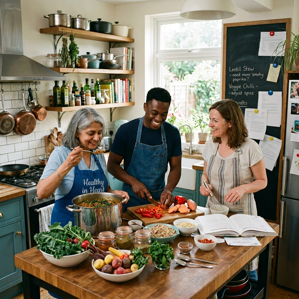 Three adults preparing and tasting food together in a kitchen