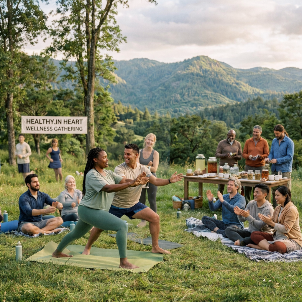 People practicing yoga and preparing refreshments at an outdoor holistic wellness gathering with mountains in the background
