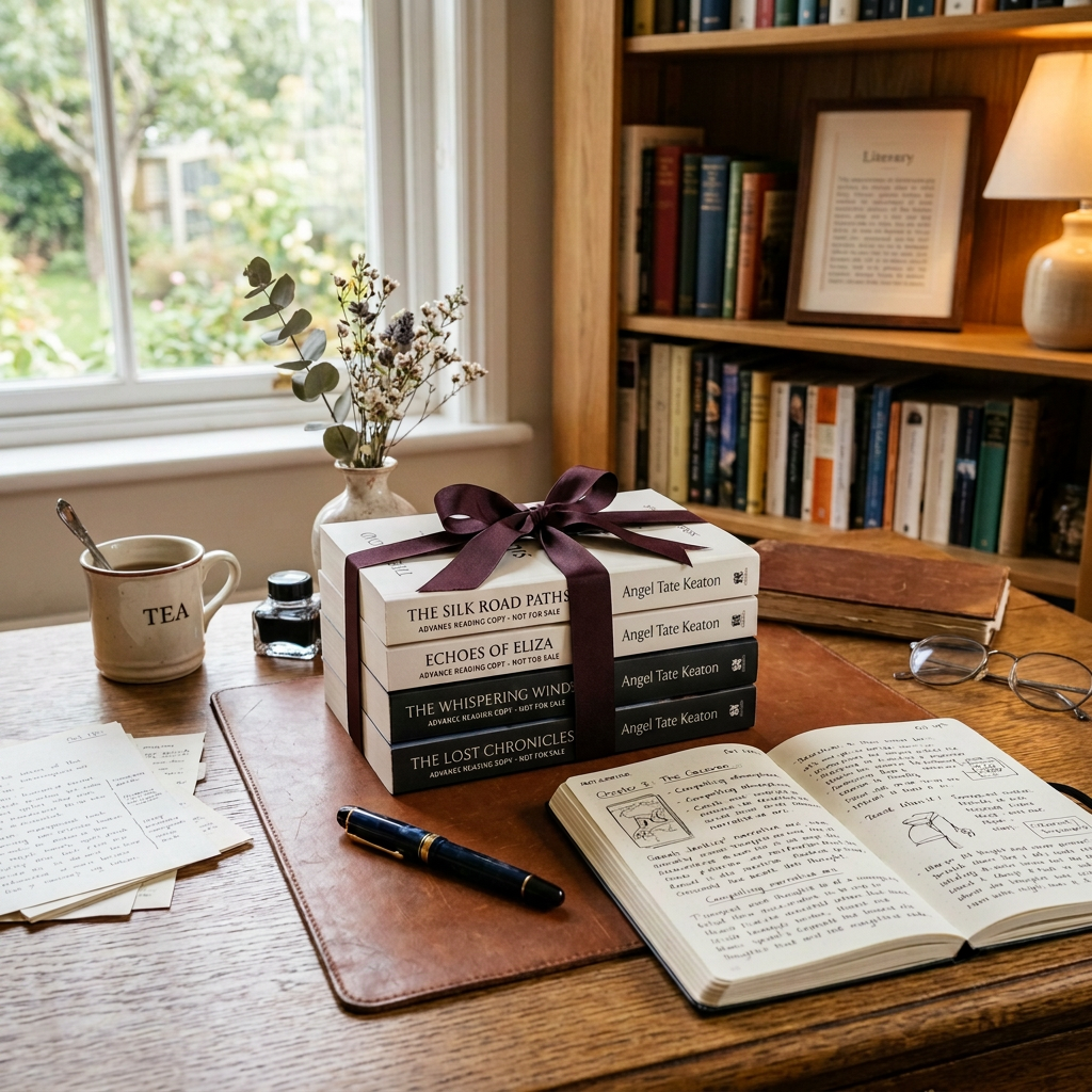 Stack of books tied with ribbon on desk near open journal, tea mug, and reading glasses