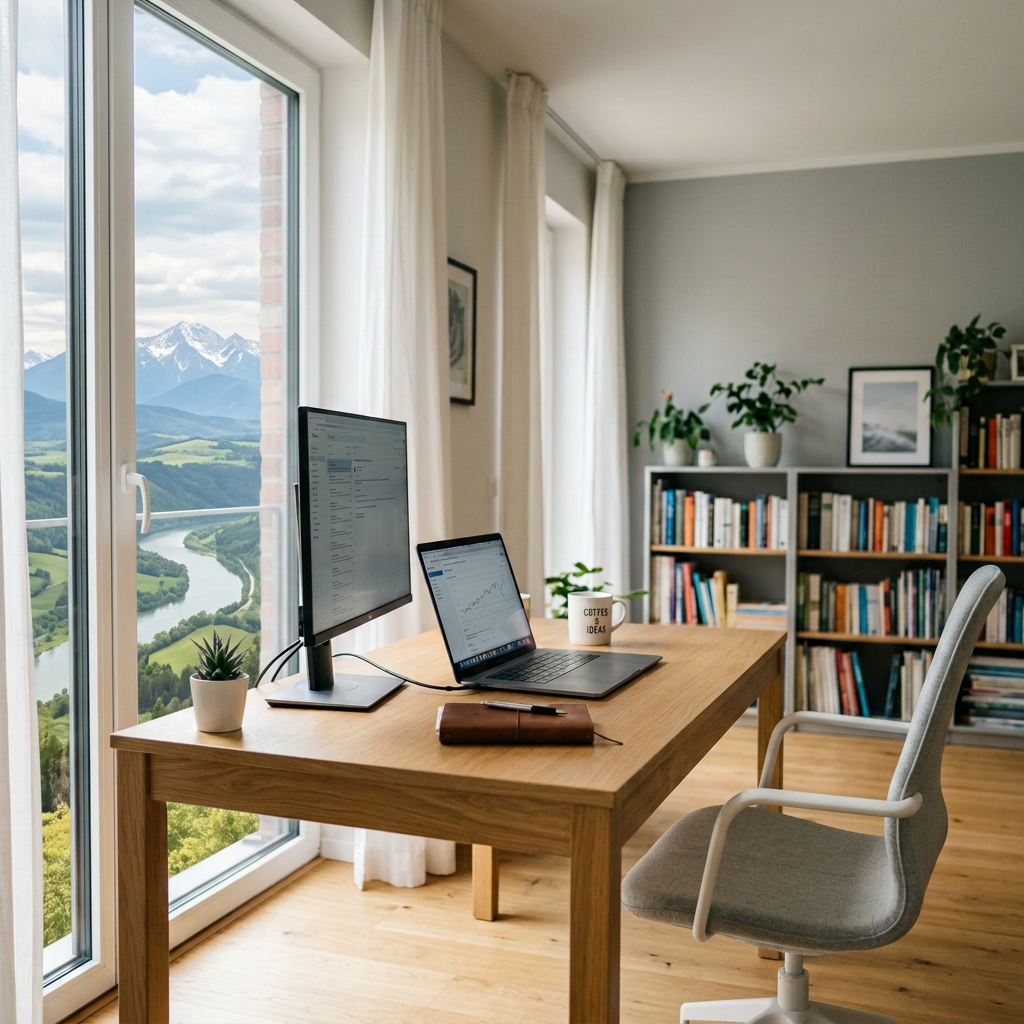 Privacy policy written at a desk with a monitor and laptop