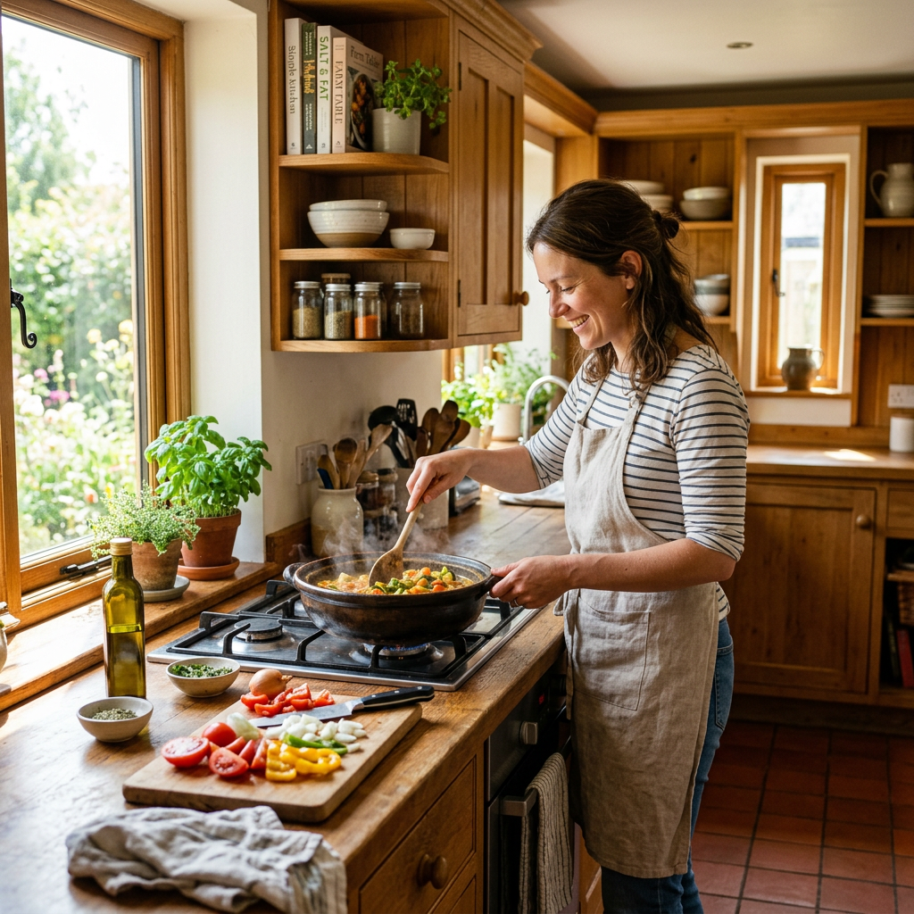 Woman stirring vegetables in a skillet beside chopped produce