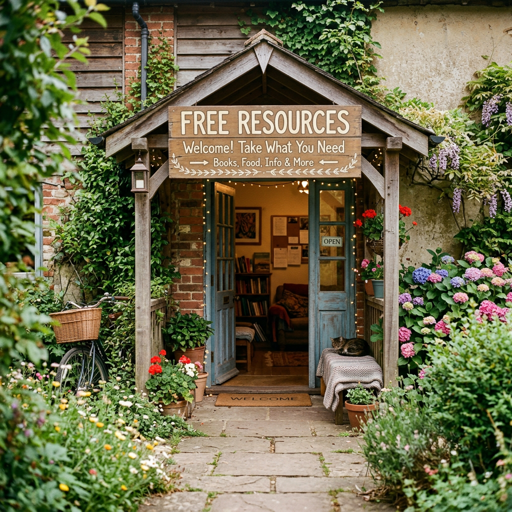 Free Resources entrance offering books, food, information, and more